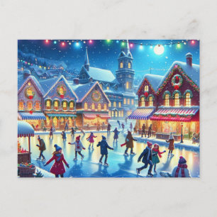 Carte Postale Village de Noël Patinage sur glace Peinture