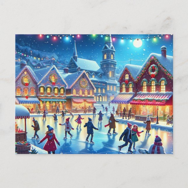 Carte Postale Village de Noël Patinage sur glace Peinture (Devant)