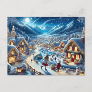 Carte Postale Village de Noël Peinture sur scène neigeuse