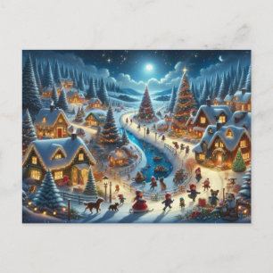 Carte Postale Village de Noël Peinture sur scène neigeuse