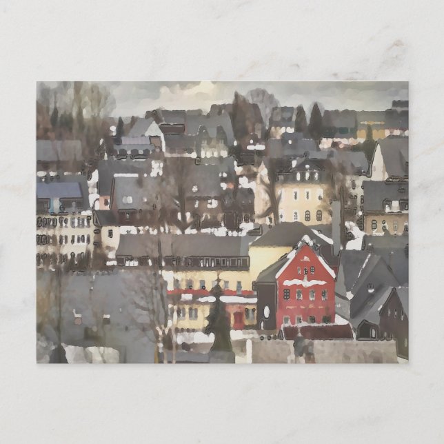 Carte Postale Village d'hiver avec une maison rouge (Devant)