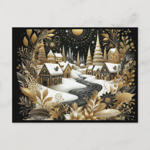 Carte Postale Village d'hiver design or et noir