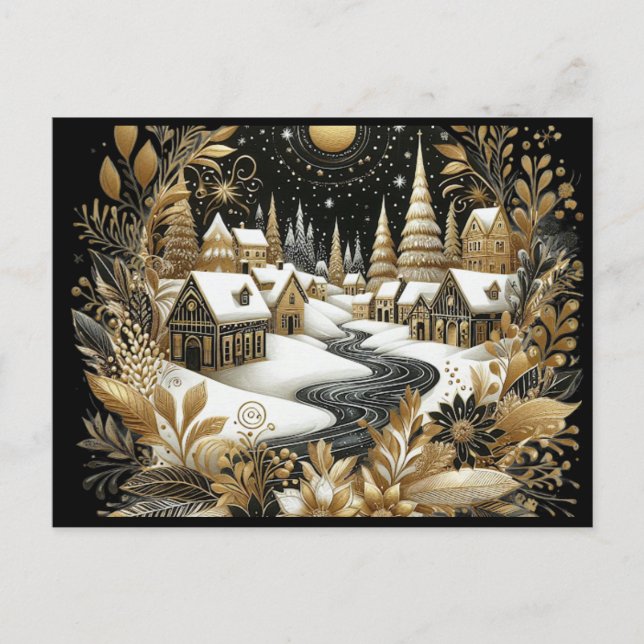 Carte Postale Village d'hiver design or et noir (Devant)