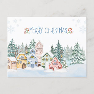 Carte Postale Village enneigé charmant à l'aquarelle pour Noël 