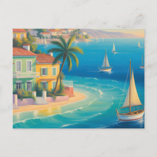 Carte Postale Village méditerranéen coloré sur une plage tropica