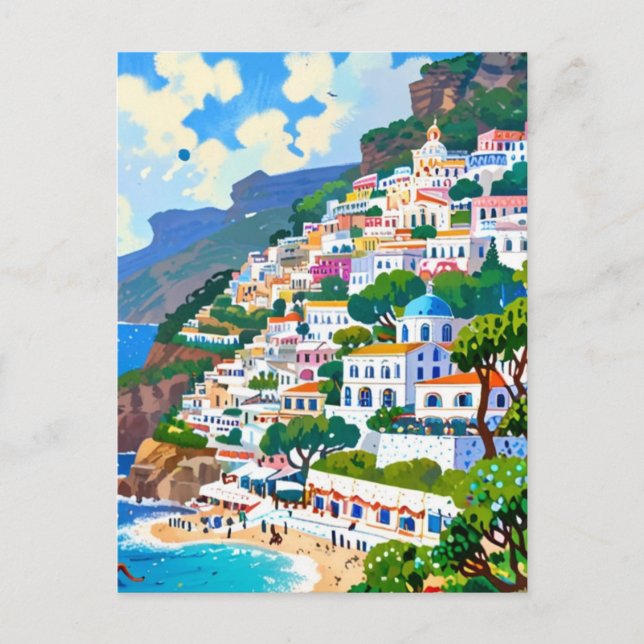 Carte Postale Village Positano, Italie, Côte Italienne Aquarelle (Devant)