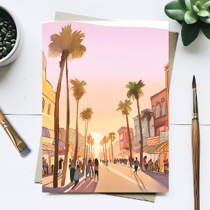 Carte Postale Ville côtière au coucher du soleil   Aquarelle côt