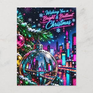 Carte Postale Ville Cyberpunk Néon Réfléchie dans Noël