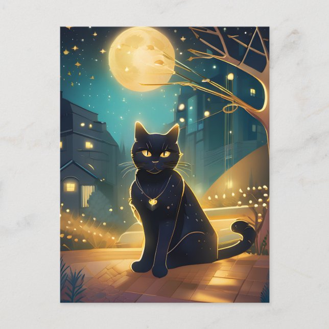 Carte Postale Ville de la Pleine lune de chat noir (Devant)