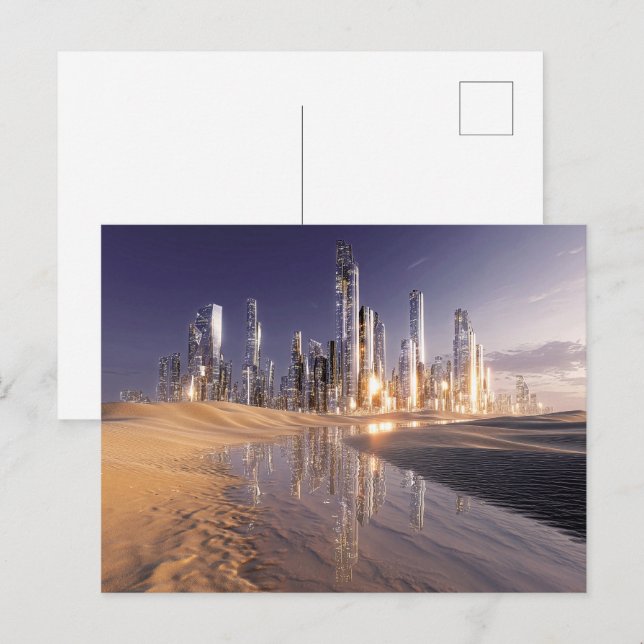 Carte Postale Ville de science-fiction futuriste reflétée dans l (Devant / Derrière)