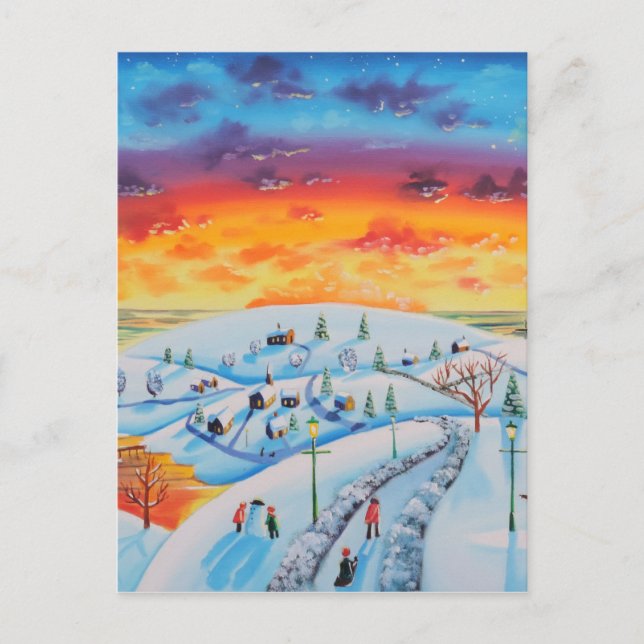 Carte Postale Ville d'hiver folk art paysage d'hiver (Devant)
