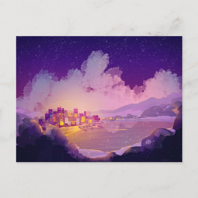 Carte Postale Ville nocturne en bord de mer (Devant)