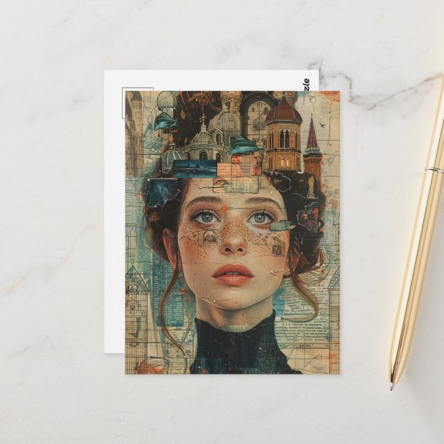 Carte Postale Ville sur mon collage de femme esprit (Devant/Arrière en situation)