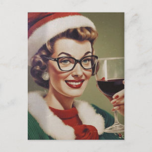 Carte Postale Vin de Noël Femme Vintage Santa Hat