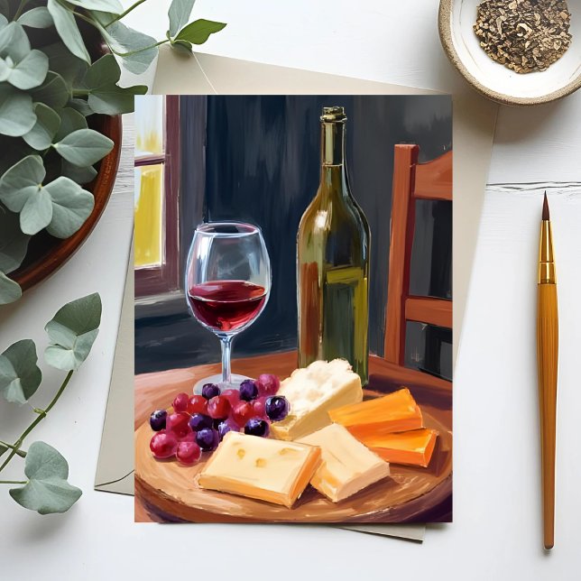 Carte Postale Vin et fromage | Peinture à l'huile (Créateur téléchargé)