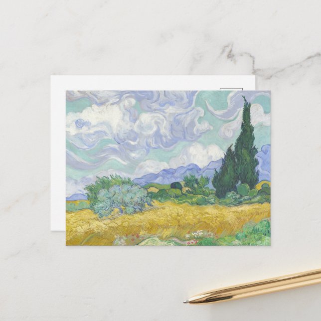 Carte Postale Vincent Van Gogh, Champ de blé avec cyprès (Devant/Arrière en situation)