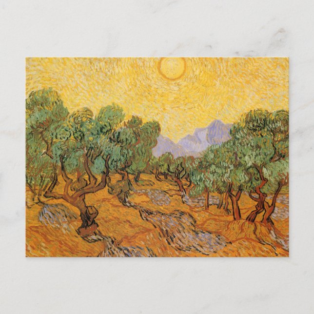 Carte Postale Vincent van Gogh - Oliviers, Ciel Jaune et Soleil (Devant)
