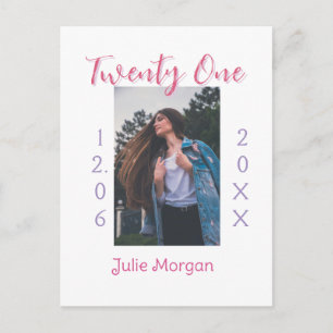 Carte Postale vingt et un ans photo anniversaire rose violet fil
