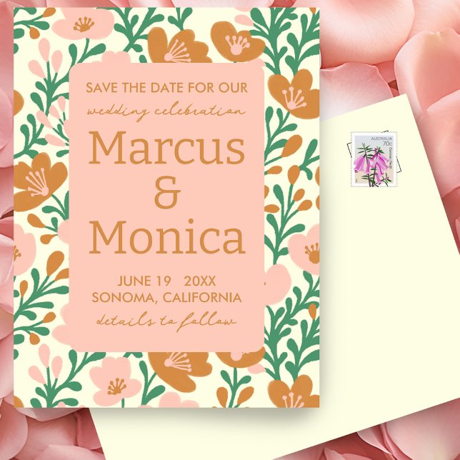 Carte Postale Vins fleurs sauvages Rose Vert personnalisé Enregi (Wildflower Vines Pink Green Custom Save the Date Postcard
)