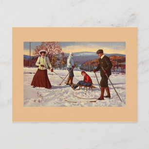 Carte Postale Vintage 1900 hiver fun ski nordique, traîneau