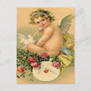 Carte Postale Vintage, Ange Cupidon, Colombe et Roses