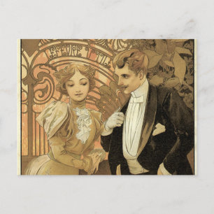 Carte Postale Vintage Art Nouveau Love Romance, Flirt by Mucha