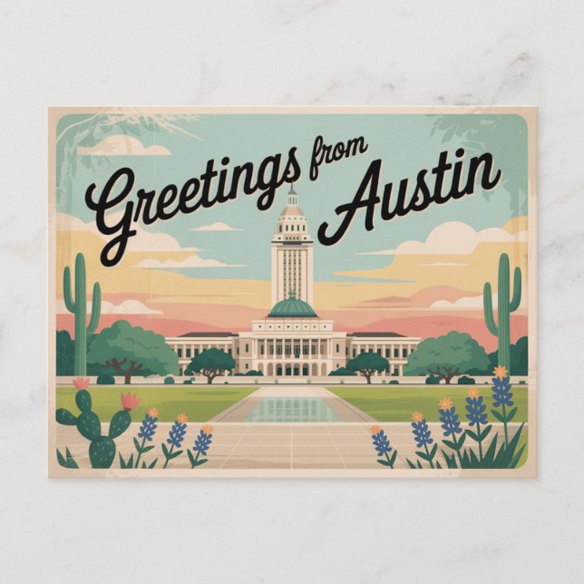 Carte postale vintage Austin | Salutations d'Austi (Devant)
