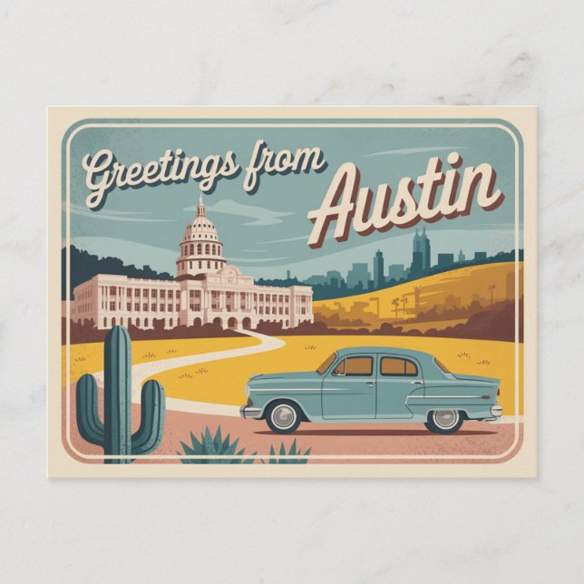 Carte postale vintage Austin | Salutations d'Austi (Devant)