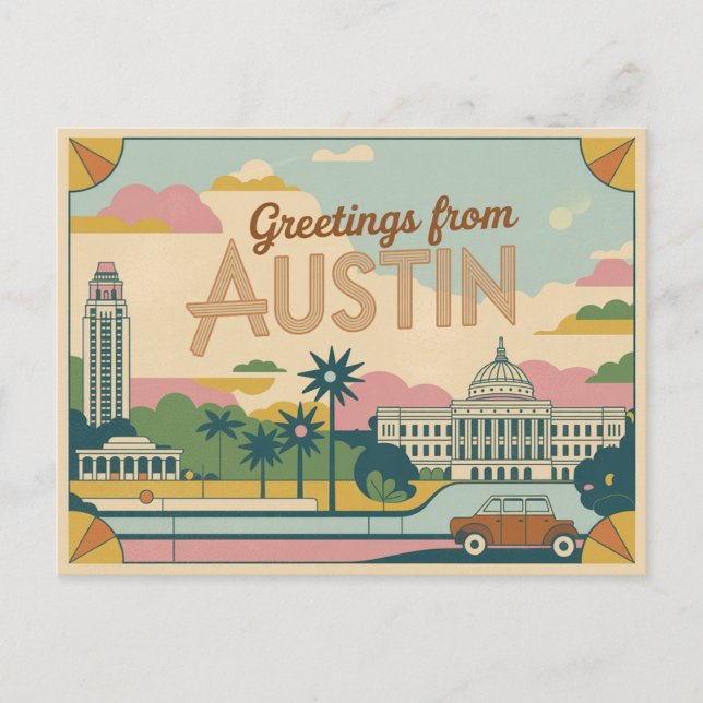 Carte postale vintage Austin | Salutations d'Austi (Devant)