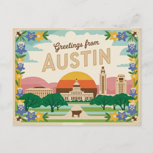 Carte postale vintage Austin | Salutations d'Austi (Devant)