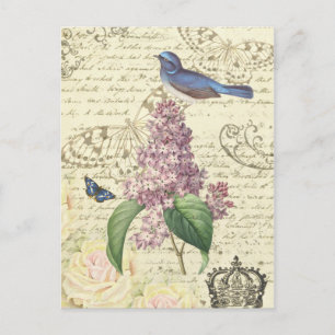 Carte postale vintage avec oiseau et lilas