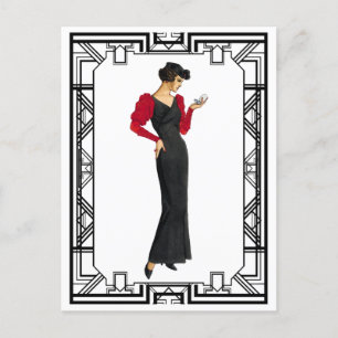 Carte Postale Vintage Black and Red 1930 Evening Gown