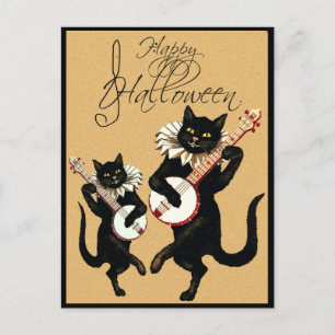 Carte Postale Vintage Black Cat Music avec Banjo Happy Halloween