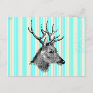 Carte Postale Vintage Black Deer Girl Turquoise White Stripes