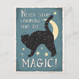 Carte Postale Vintage Bleu Magie Noir Chat Stars Lune