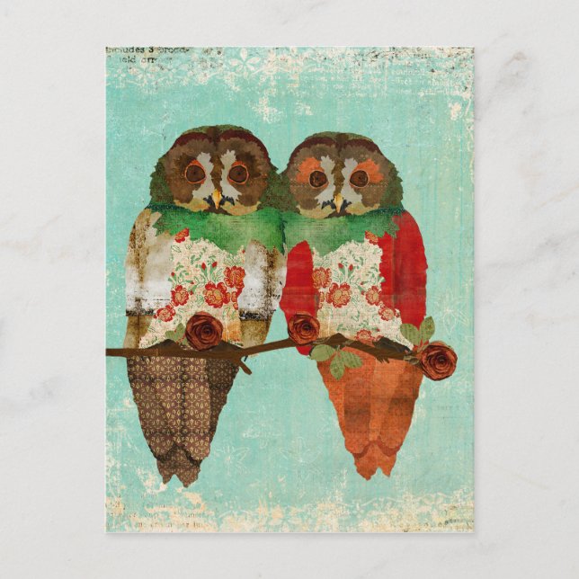 Carte postale Vintage bleue de Chouettes roses (Devant)