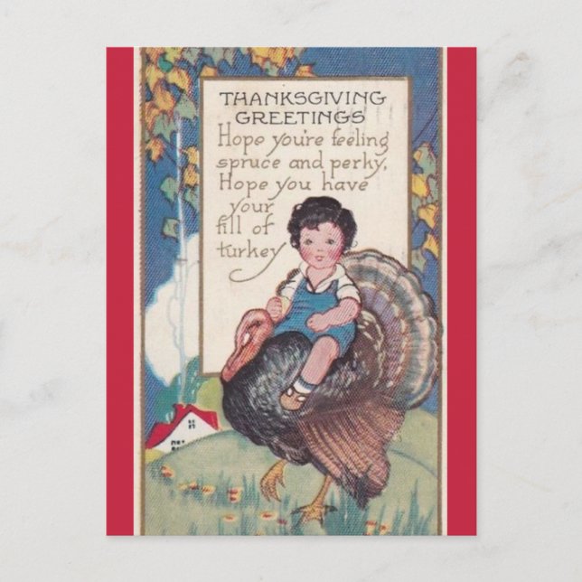 Carte Postale Vintage Boy sur une Turquie Thanksgiving (Devant)