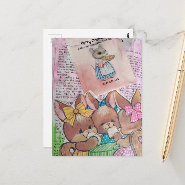 Carte Postale Vintage Bunnies and Mouse Collage (Devant/Arrière en situation)