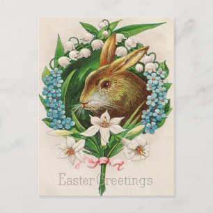 Carte Postale Vintage Bunny Floral Wreath Salutations de Pâques