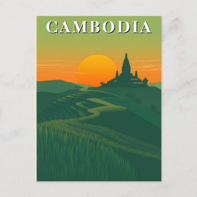 Carte Postale Vintage Cambodge Voyage Riz Fields et Temple (Devant)
