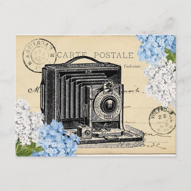 Carte postale vintage Caméra bleu Fleur (Devant)