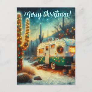 Carte Postale Vintage Camper Saguaro Cactus Désert de Noël