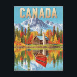 Carte Postale Vintage Canada Wilderness Cabine & Canoe Lake Scen<br><div class="desc">Profitez de la beauté du Canada avec cette carte postale de voyage de style vintage qui comprend un cabine confortable au bord du lac,  une forêt d'automne colorée,  des montagnes Rocheuses enneigées et un canot rouge classique reflété dans l'eau.</div>
