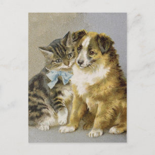 Carte Postale Vintage cat and dog intimate friendship