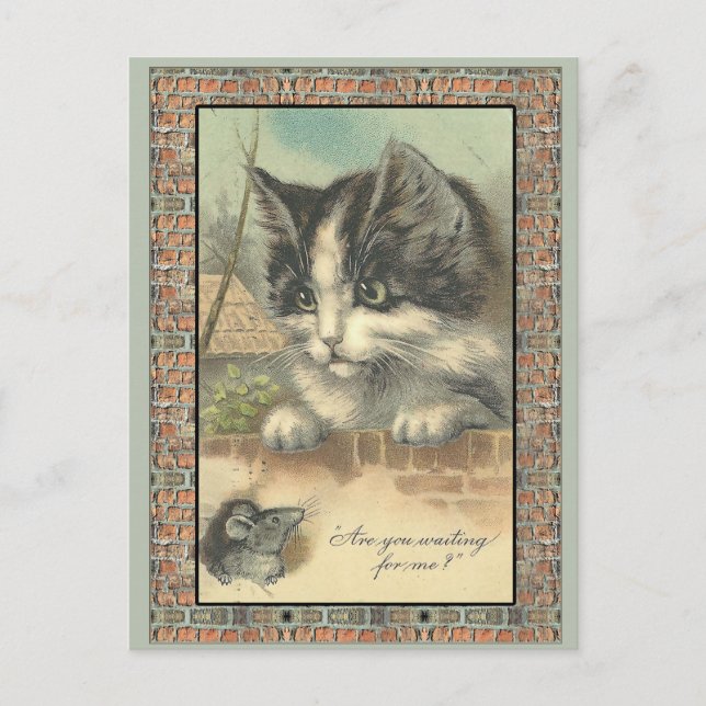 Carte Postale Vintage chat et souris "m'attendant ?" (Devant)