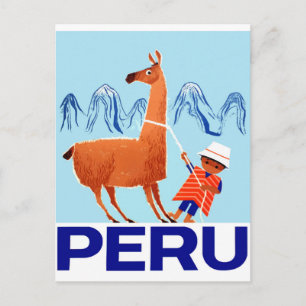 Carte Postale Vintage Child and Llama Peru Travel Poster