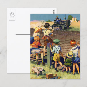 Carte Postale Vintage Children Waving to Local Farmer on Tractor