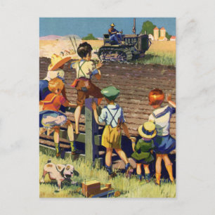 Carte Postale Vintage Children Waving to Local Farmer on Tractor