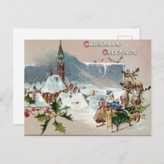Carte Postale Vintage CHRISTMAS GREETINGS with Santa on Sleigh