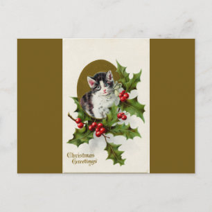 Carte postale Vintage Christmas Kitten Gold